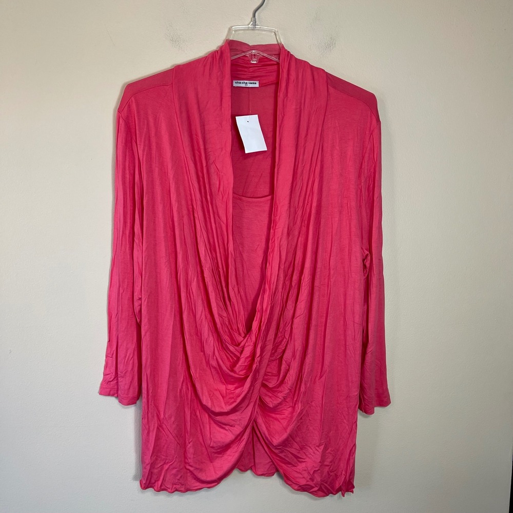 NEW Cha Cha Vente Women 2X Coral Pink Draped Twist Front Layered Top